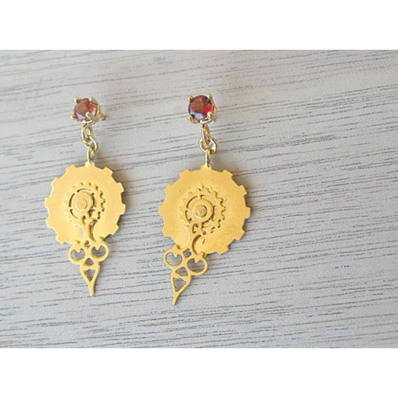 Delicate Clock Gear Gold earrings and Garnet, Jewelry, Hila Binyamin, Art Urbane