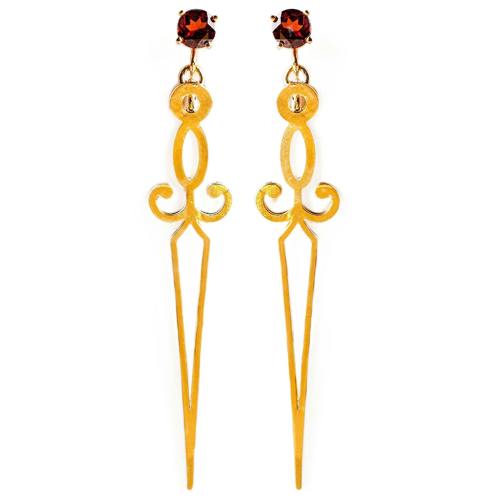 Long gold clock hands earrings and Garnet, Jewelry, Hila Binyamin, Art Urbane