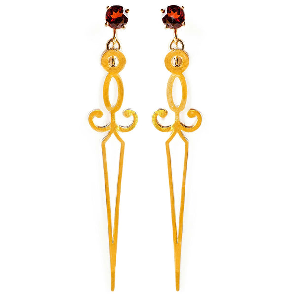 Long gold clock hands earrings and Garnet, Jewelry, Hila Binyamin, Art Urbane