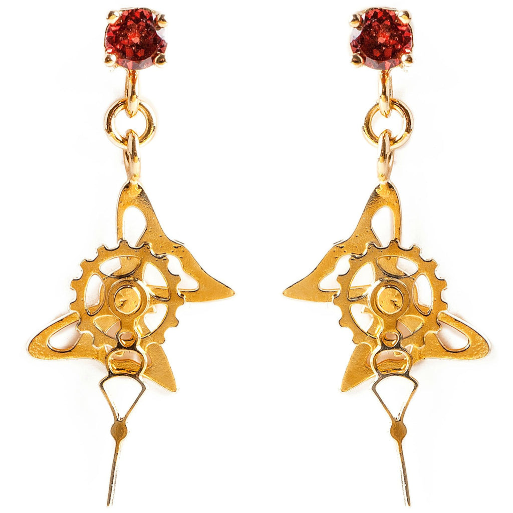 Delicate Gold Butterfly And Clock Hands earrings With Garnet, Jewelry, Hila Binyamin, Art Urbane
