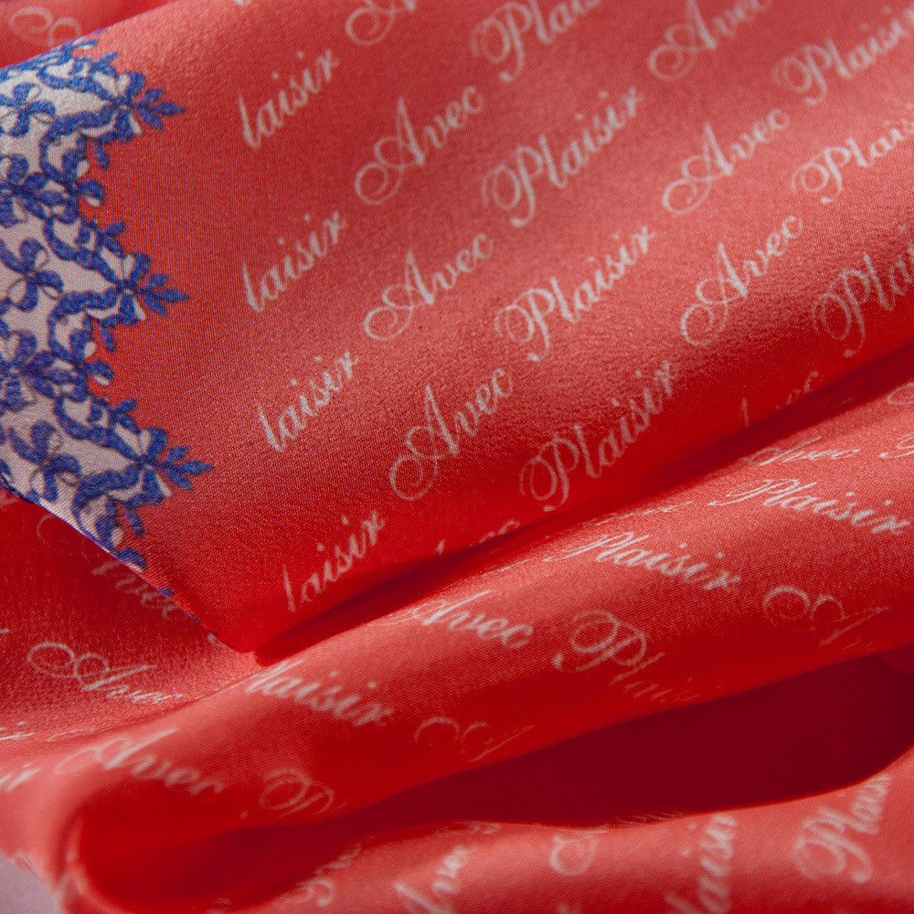 Silk Neck Scarf "Avec Plaisir", Red, Fashion, Zafran, Art Urbane