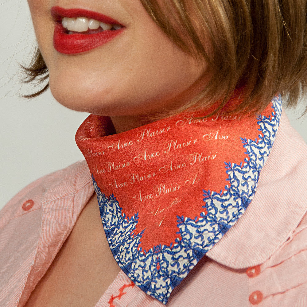 Silk Neck Scarf "Avec Plaisir", Red, Fashion, Zafran, Art Urbane