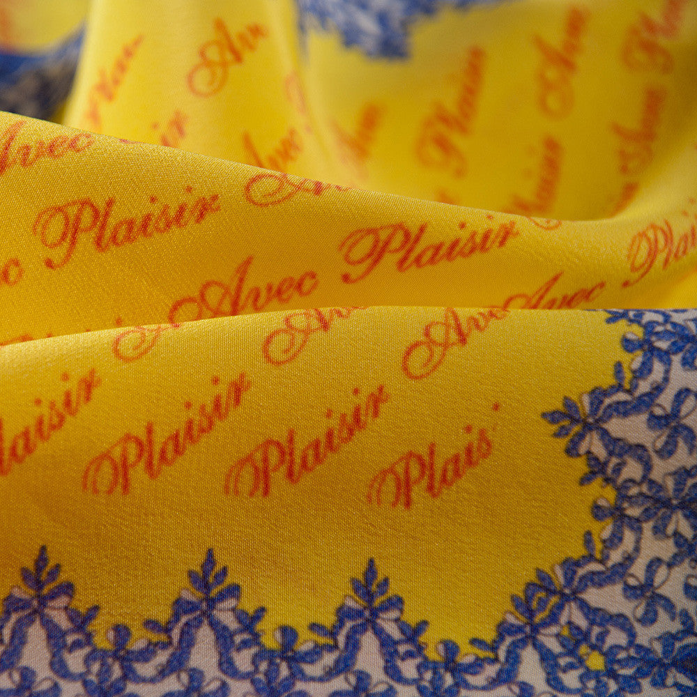 Silk Neck Scarf "Non, Je Ne Regrette Rien", Yellow, Fashion, Zafran, Art Urbane