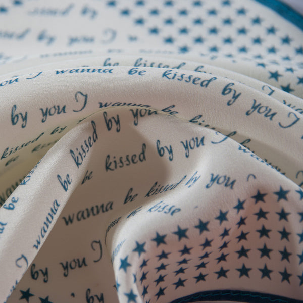 Silk Neck Scarf, "I wanna be kissed by you", Petrol, Fashion, Zafran, Art Urbane