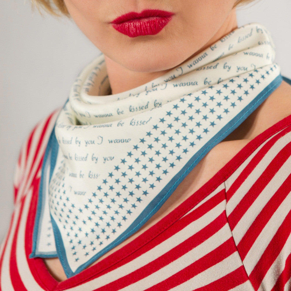 Silk Neck Scarf, "I wanna be kissed by you", Petrol, Fashion, Zafran, Art Urbane