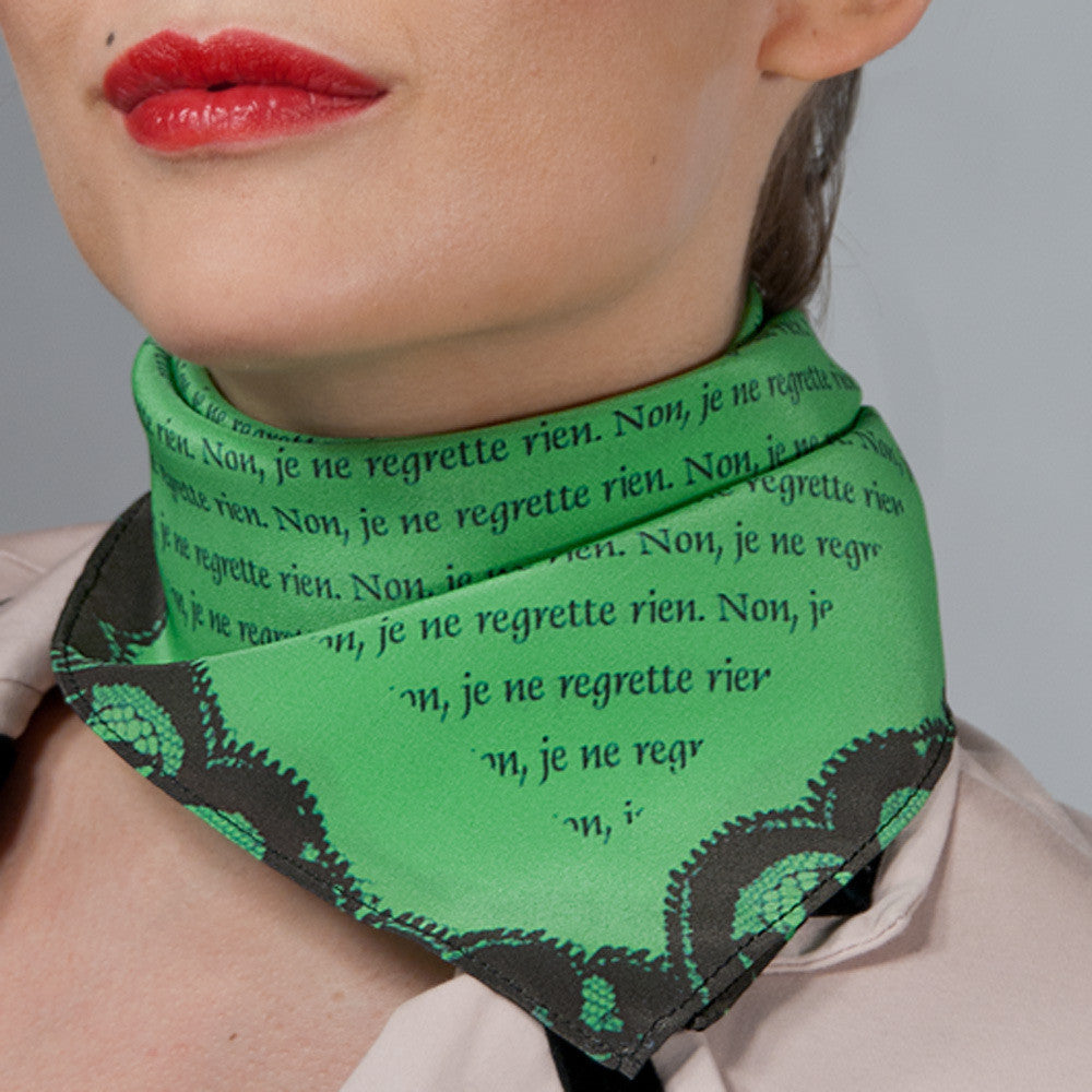 Silk Neck Scarf "Non, Je Ne Regrette Rien", Emerald, Fashion, Zafran, Art Urbane