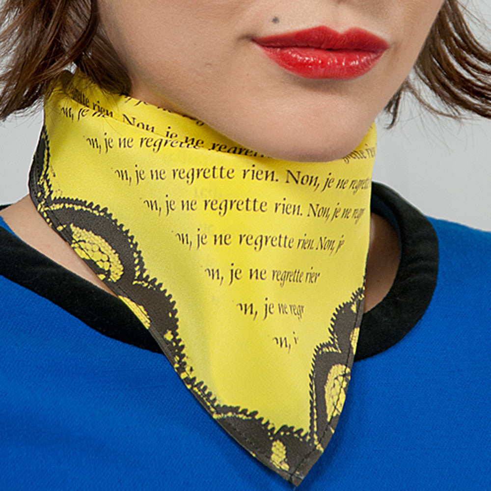 Silk Neck Scarf "Non, Je Ne Regrette Rien", yellow, Fashion, Zafran, Art Urbane