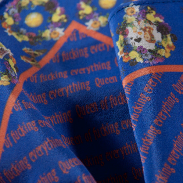 Silk Neck Scarf "Queen Of Fucking Everything", Royal Blue, Fashion, Zafran, Art Urbane