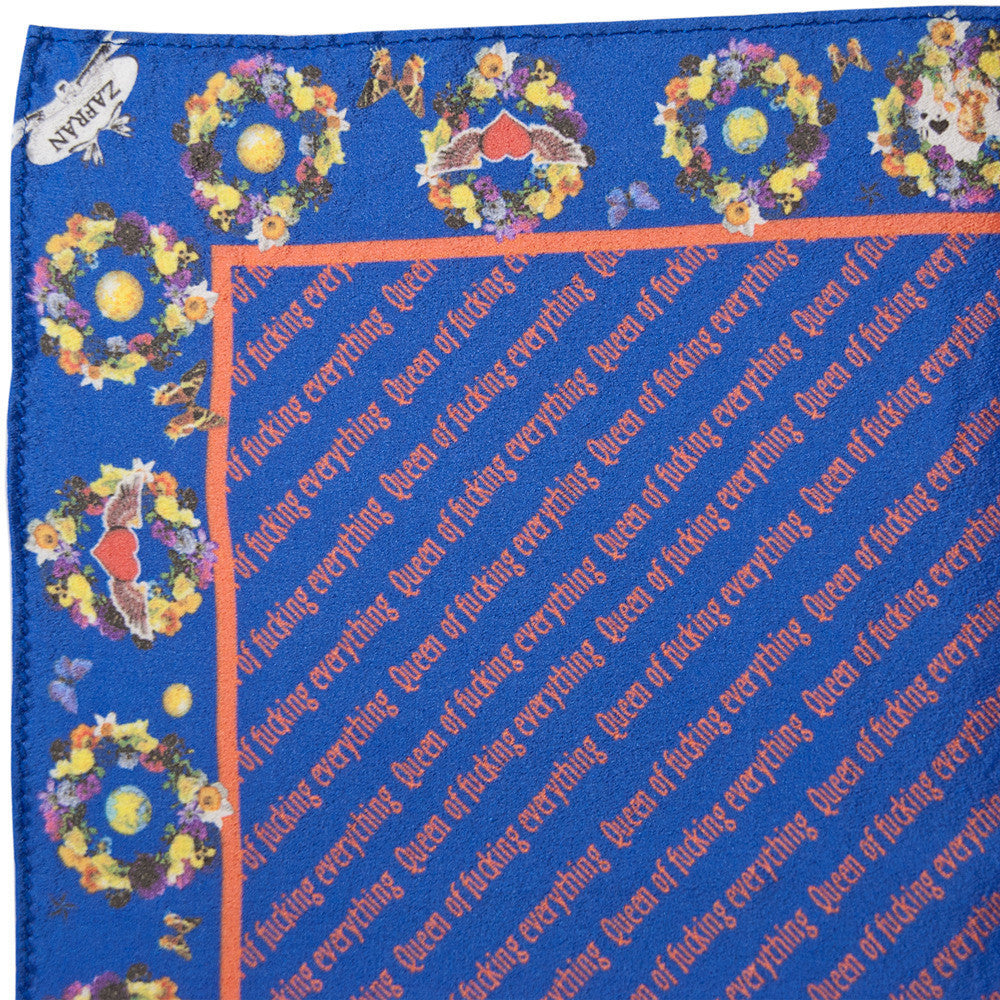 Silk Neck Scarf "Queen Of Fucking Everything", Royal Blue, Fashion, Zafran, Art Urbane