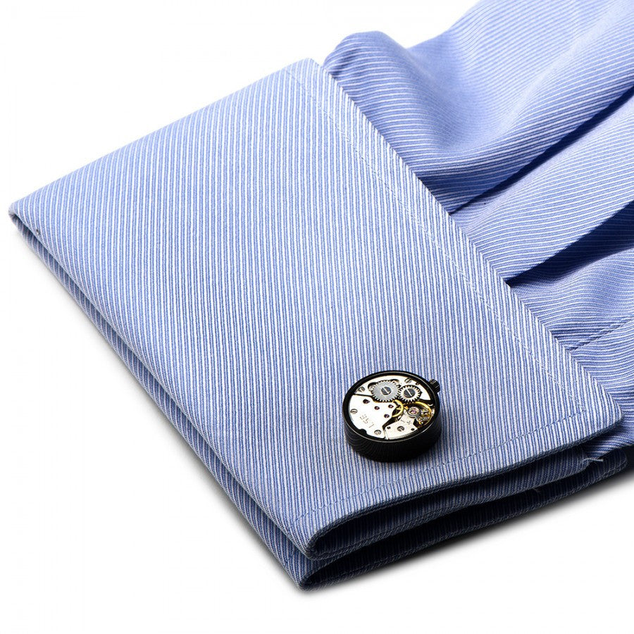 Limited Edition Black Steel Watch Movement Cufflinks, Fashion, Penny Black 40, Art Urbane