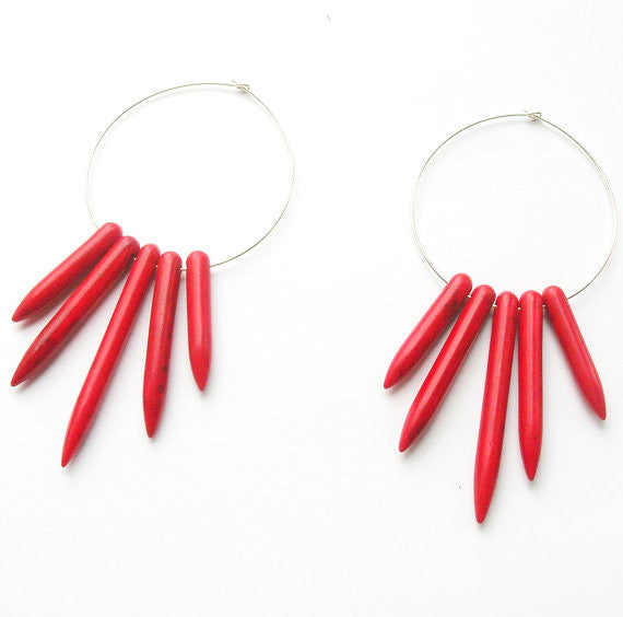 Red Spike Hoop Earrings Sterling Silver and Red Turquoise, Jewelry, Metrix Jewelry, Art Urbane