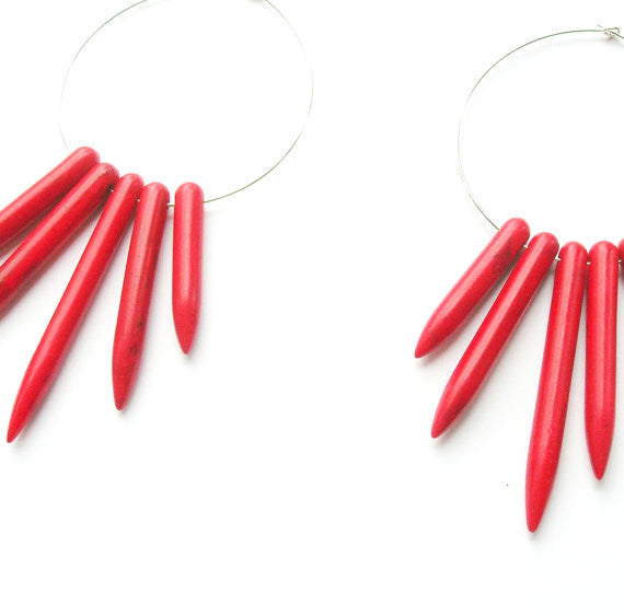 Red Spike Hoop Earrings Sterling Silver and Red Turquoise, Jewelry, Metrix Jewelry, Art Urbane