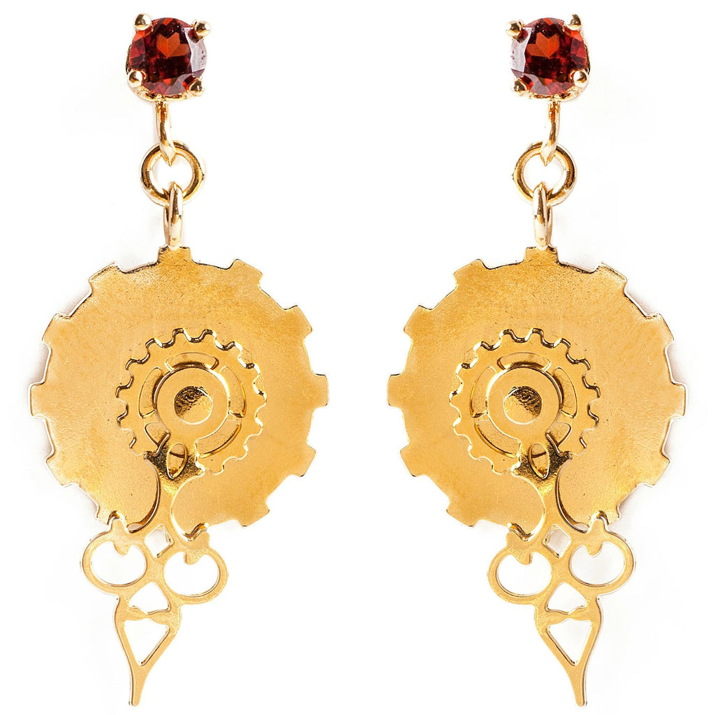 Delicate Clock Gear Gold earrings and Garnet, Jewelry, Hila Binyamin, Art Urbane