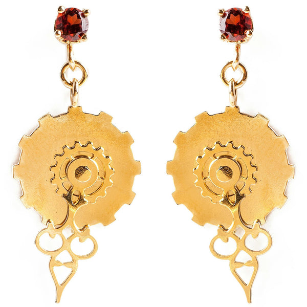 Delicate Clock Gear Gold earrings and Garnet, Jewelry, Hila Binyamin, Art Urbane
